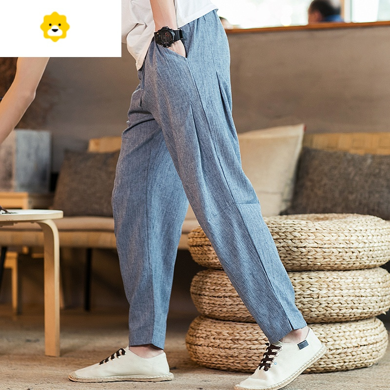 fishbasket亚麻裤男裤子夏季薄款男士休闲裤男款萝卜裤中国风男裤棉麻