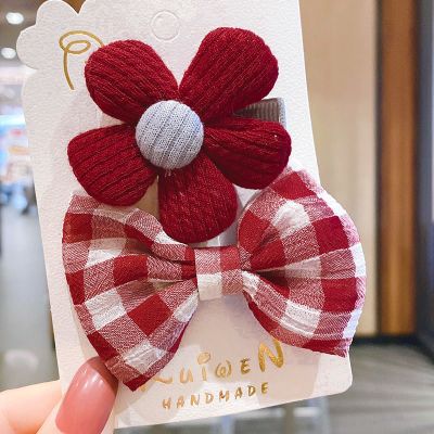 儿童新款韩国蝴蝶结发夹套装小公主不伤发碎发发卡女童头饰小夹子 红色小花+蝴蝶结发夹-2件套