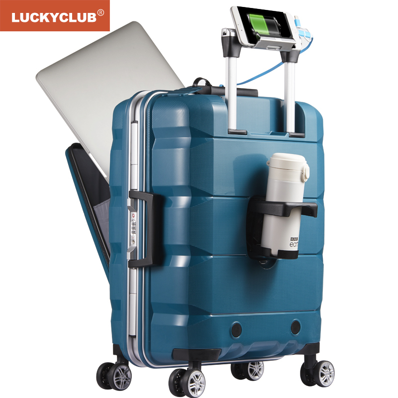 LUCKY CLUB 行李箱男女拉杆箱万向轮出差旅行商务密码多功能前置开口电脑高颜值 铝框主仓欧洲蓝 24英寸子母箱