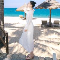 2017夏季新品女装长袖白色雪纺连衣裙波西米亚长裙海边度假沙滩裙白色