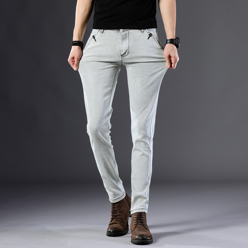 yuansu秋季潮牌灰色牛仔裤男百搭潮流修身弹力小脚韩版浅灰色休闲长裤