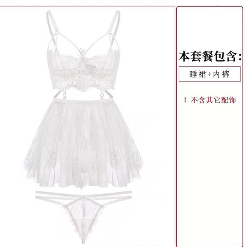 情趣内衣性感睡衣维密诱惑骚无遮挡火辣蕾丝小胸睡裙肚兜文胸套装 白色[睡裙+T裤] M[80-125斤]