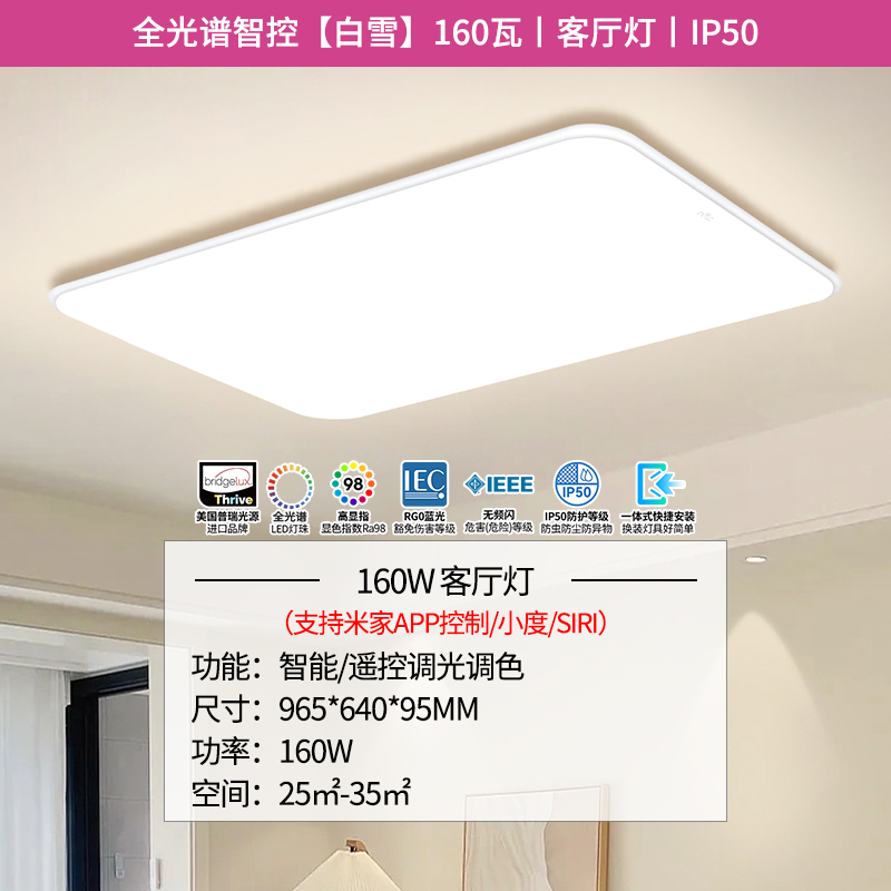 雷士照明普瑞全光谱小白灯客厅吸顶灯儿童房卧室灯现代简约灯具全屋套餐组合灯具套餐 B普瑞全光谱【白雪】160瓦智能+IP50