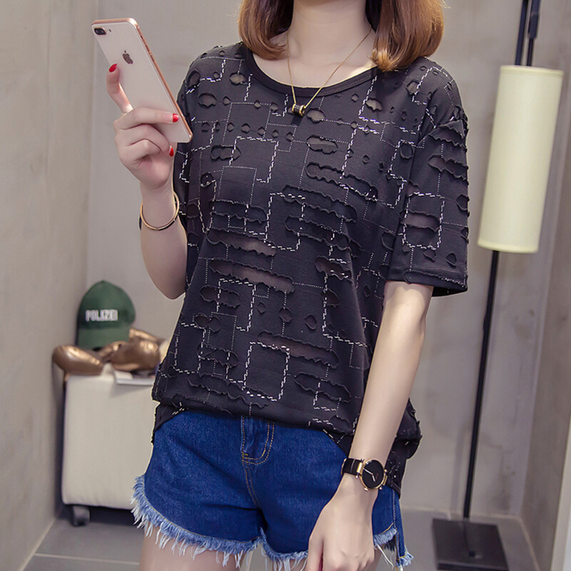 加肥加大码短袖t恤女胖mm宽松显瘦圆领破洞半袖t恤上衣打底衫 参数