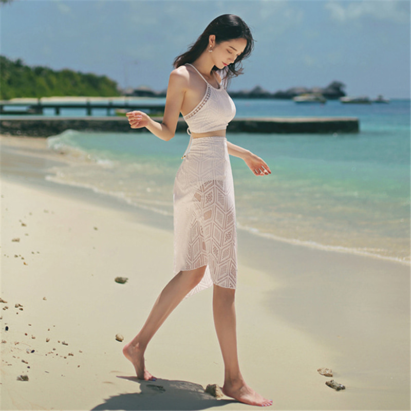 les风泳衣女分体显瘦小胸比基尼三件套带披纱裹裙游泳衣