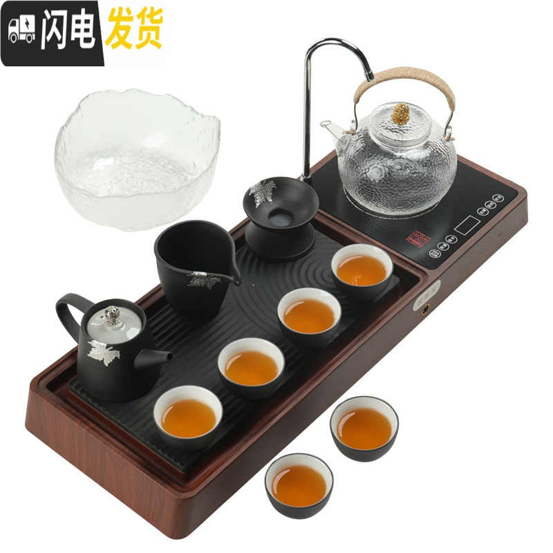 三维工匠日式功夫茶具套装家用茶道泡茶茶台茶盘全自动简约客厅现公室 抽水电陶炉茶盘+玻璃烧水壶+11头玻璃茶具 12件高清大图