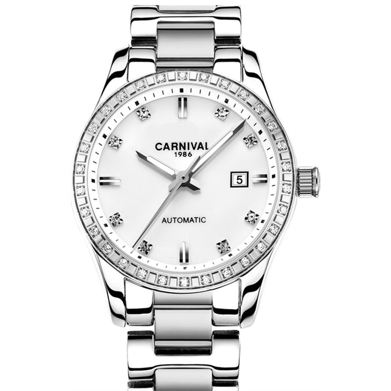 瑞士嘉年华Carnival手表新款全自动机械表 女表时尚钢带潮流夜光防水女士镂空水钻名表时装腕表魅力玫金8685 本色白面水钻刻度
