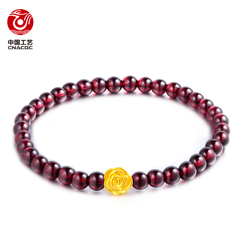 中国工艺足金999石榴石3D硬金手链女款 黄金珠宝玫瑰花手串
