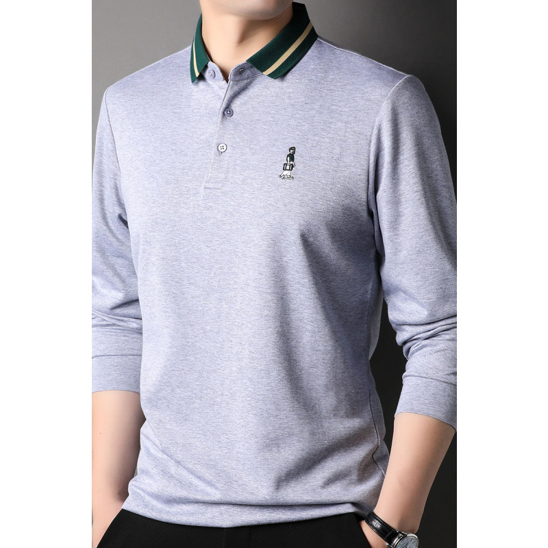 花花公子品牌丝光棉刺绣男士长袖t恤翻领商务休闲中年男装体恤2022秋