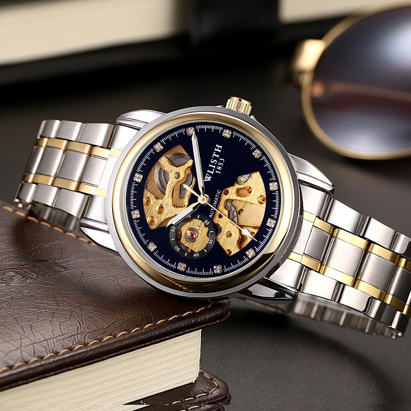 沃力仕全自动机械表双面镂空男士手表防水夜光商务皮带透底手表
