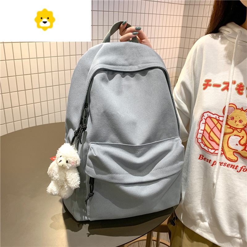 FENGHOUins风书包日系纯色大容量双肩包女大学生简约帆布背包女2020新款_936 蓝色【送害羞熊】