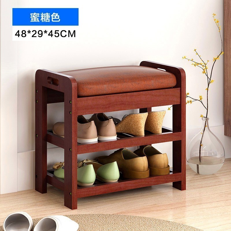 美帮汇换鞋凳鞋柜简约现代床尾凳实木穿鞋凳长凳多功能储物收纳凳子 双层48CM蜜糖色