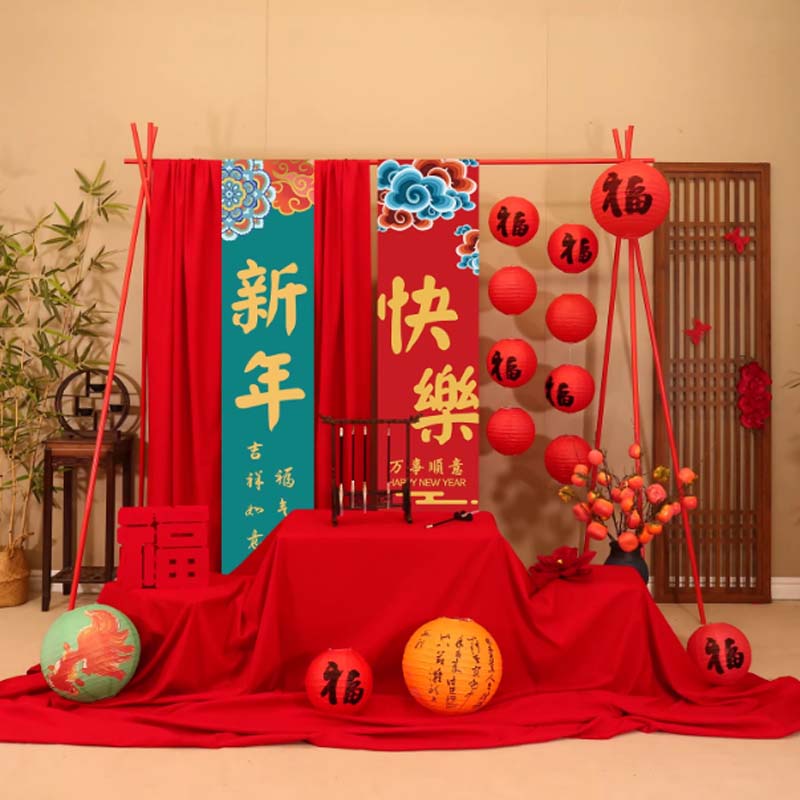木架摆件套装 新年古风场景摆件 含35*200cm挂布*2、30cm灯笼*13、2*2m木支架*1高清大图