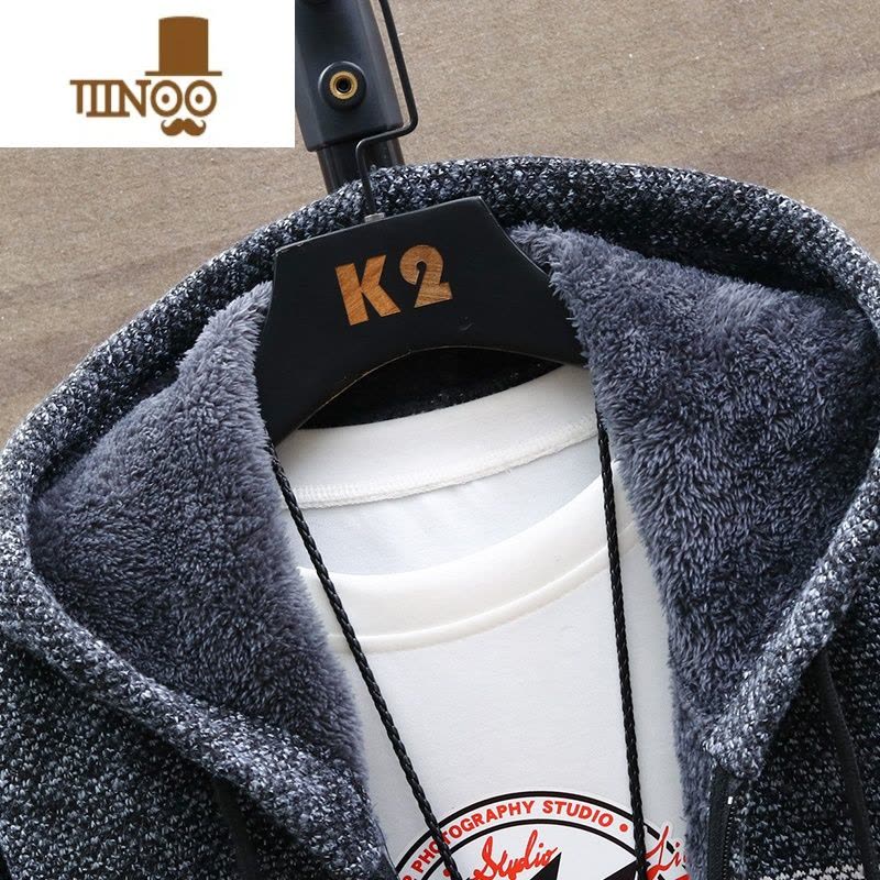 YANXU冬季针织衫男士开衫外套加绒加厚连帽拼色毛衣男外搭衣服外穿毛衣图片