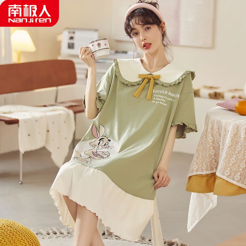 南极人睡裙女夏季棉短袖薄款可外穿大码胖mm200斤韩版宽松睡衣 XL ALS2322