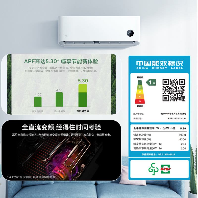小米米家 大1匹空调挂机 新一级能效 变频冷暖 智能控制节能 巨省电 自清洁 家用 KFR-26GW/V1A1图片