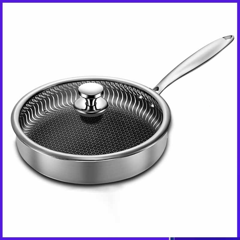 康尼菲304不锈钢平底煎锅无涂层不粘炒锅平底锅三钢煎锅