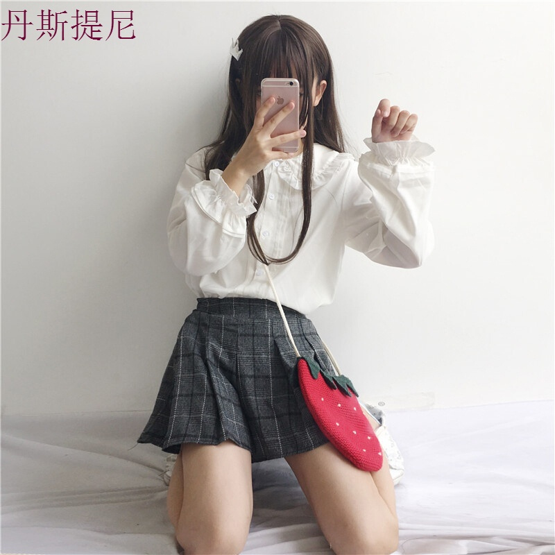 春夏女装少女宽松显瘦木耳边娃娃衬衫+ulzzang格子短裙百褶裙白色均码