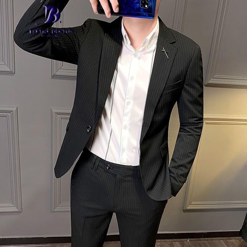 伯莎丹顿品牌西装男套装条纹休闲帅气韩版潮流商务正装修身小西服外套