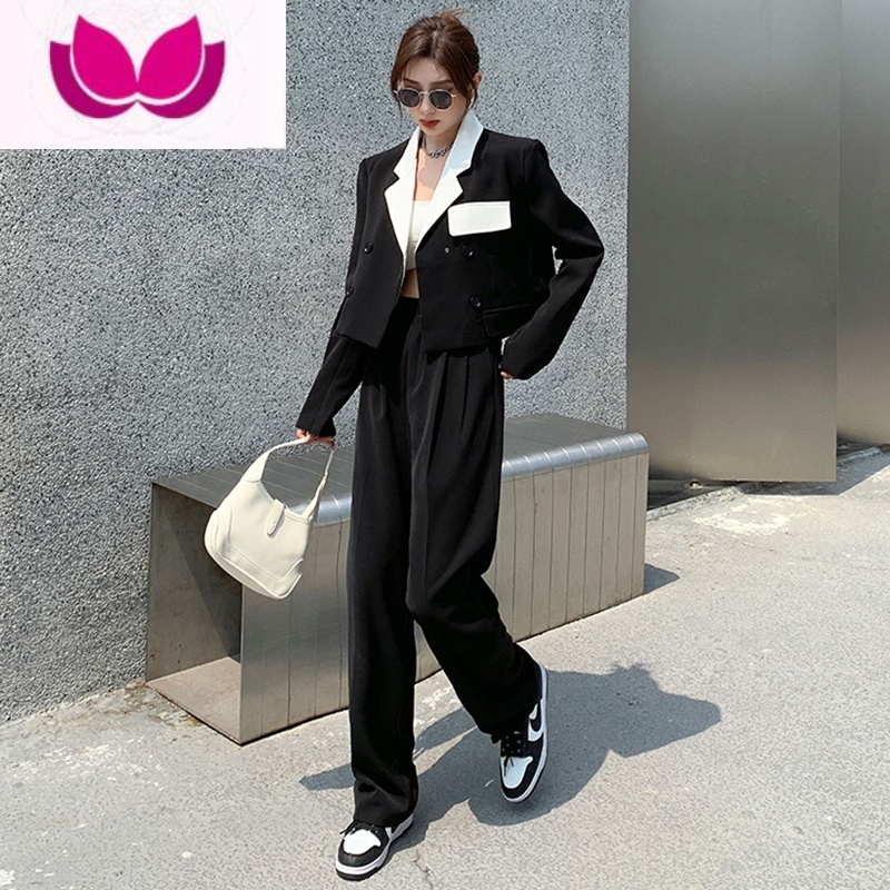 七斓炸街短款小西装套装女秋2023新款黑白撞色西服上衣长裤休闲套高清大图