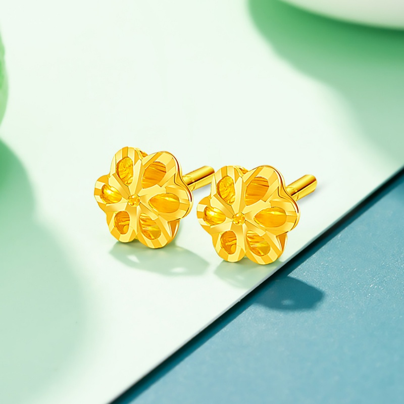 老庙足金黄金繁花耳针耳饰简约时尚黄金星星樱花耳钉女一对