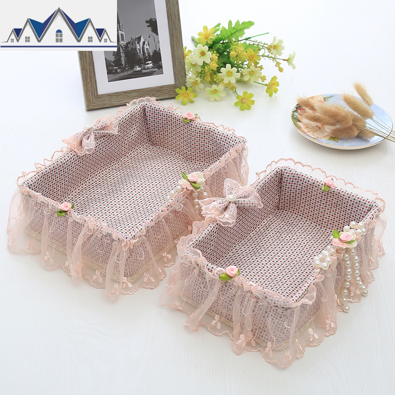 2019田园蕾丝化妆品桌面饰物收纳篮藤编收纳篮布艺摇控篮 三维工匠 珠花紫格套篮【一大一小】