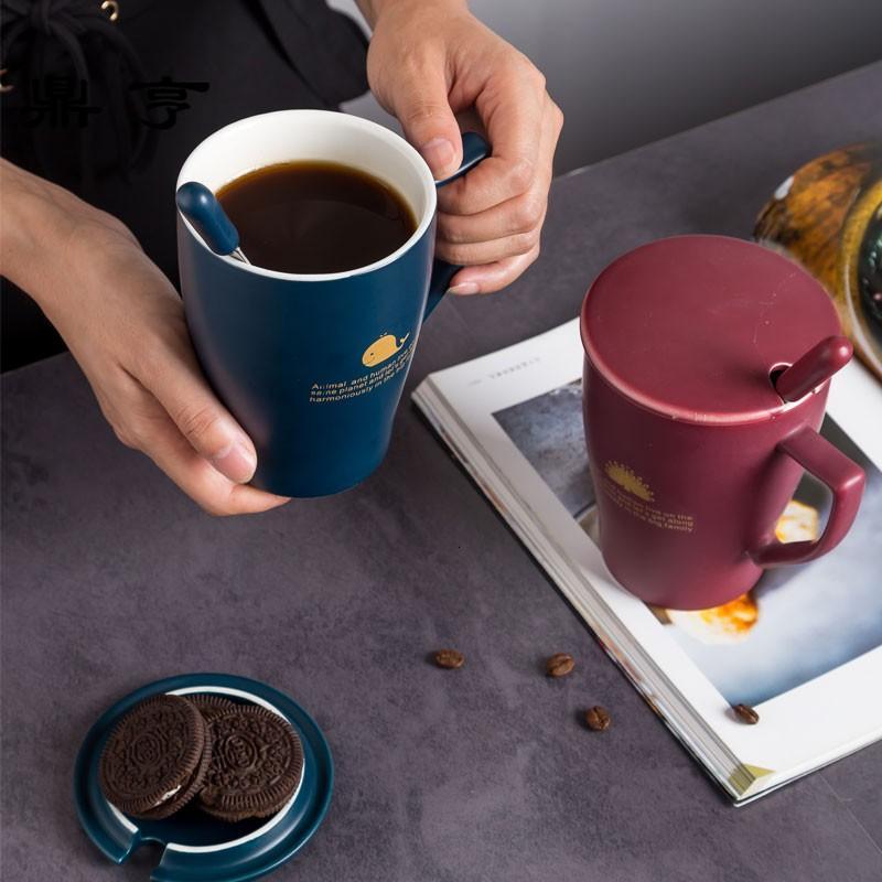 鼎亨创意水杯陶瓷杯子大容量马克杯男女带盖勺简约牛奶杯咖啡杯