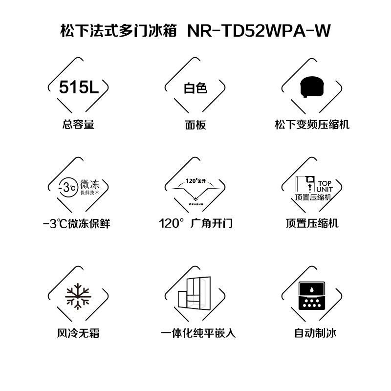 松下(Panasonic)法式多门冰箱两侧零嵌2倍大冷冻自清洁自动制冰大容量515升多门嵌入白色NR-TD52WPA-W