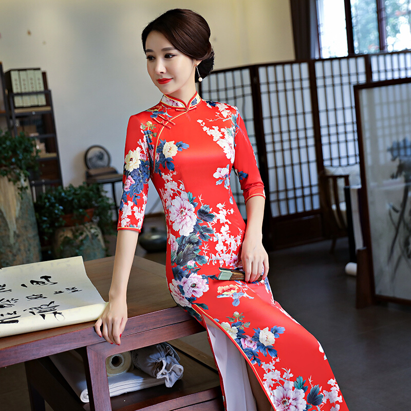 中袖旗袍长款2018新款女七分袖秋冬优雅修身大码改良真丝走秀旗袍