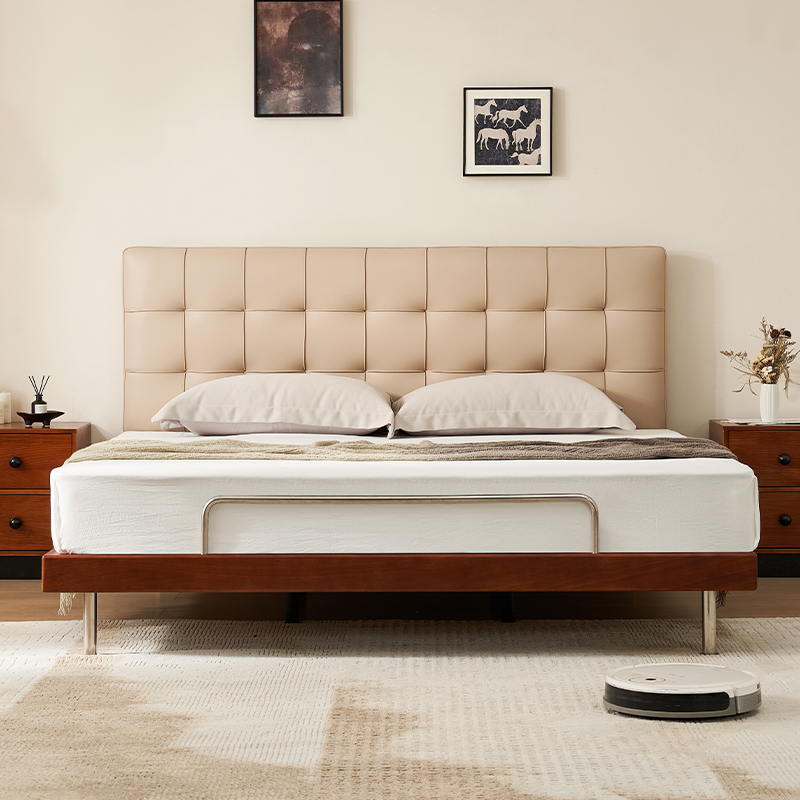 实木床超薄床华夫格包豪斯高脚床双人床主卧床卧室床婚床皮艺软包床高清大图