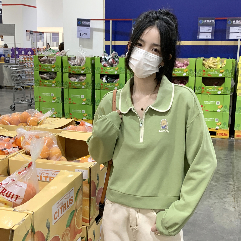 [1.5折价57元]唐狮春秋polo衫女设计感翻领长袖卫衣短款小个子减龄上衣潮流