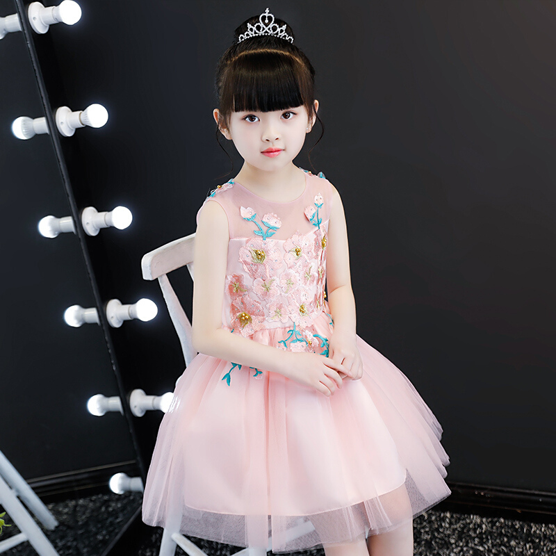 童装夏装女童连衣裙2018夏季新款公主裙儿童礼服夏蓬蓬纱裙子洋气粉色短款送皇冠
