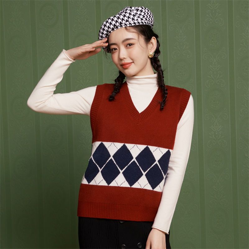 cachecache菱格针织马甲女日系复古v领外穿叠穿坎肩毛衣格子背心