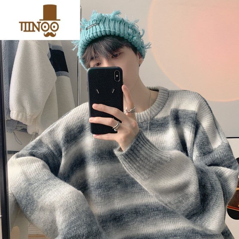 YANXU渐变色条纹圆领毛衣男韩系宽松慵懒风针织衫潮牌冬款外套图片