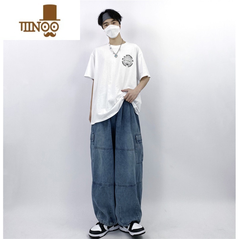 YANXU妈个鸡妈 ins嘻哈国潮日系大码束脚工装裤水洗宽松牛仔裤男女长女高清大图