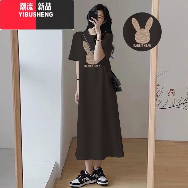 YIBUSHENG连衣裙天2024新款季短袖t恤裙子韩版宽松大码开叉过膝长裙女 炭灰色曲线兔子 M85-105