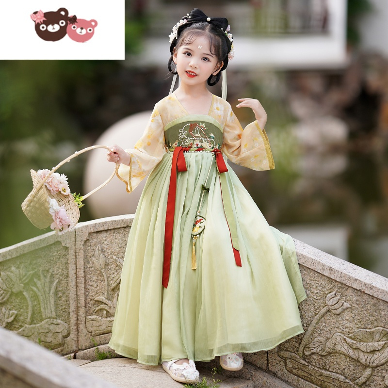 绿彩虹光汉服女童连衣裙夏季新款儿童古装中国风超仙唐装古风襦裙女孩