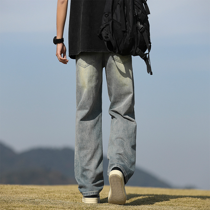 宽松牛仔裤男青年潮牌大学生休闲裤子男磨白牛仔裤男生割破乞丐裤高清大图