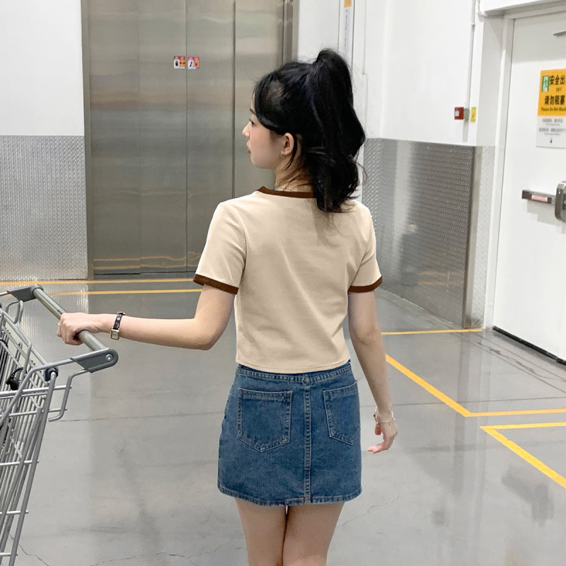 [1.5折价31元]唐狮短袖T恤女夏季短款圆领撞边美式复古风小众辣妹装潮