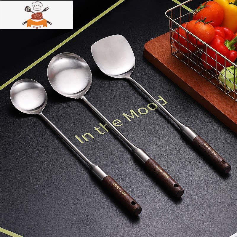 304不锈钢锅铲炒菜铲子厨具汤勺炒勺套装家用可高温防烫铁锅铲子 敬平 木柄304厨师炒勺-大号图片