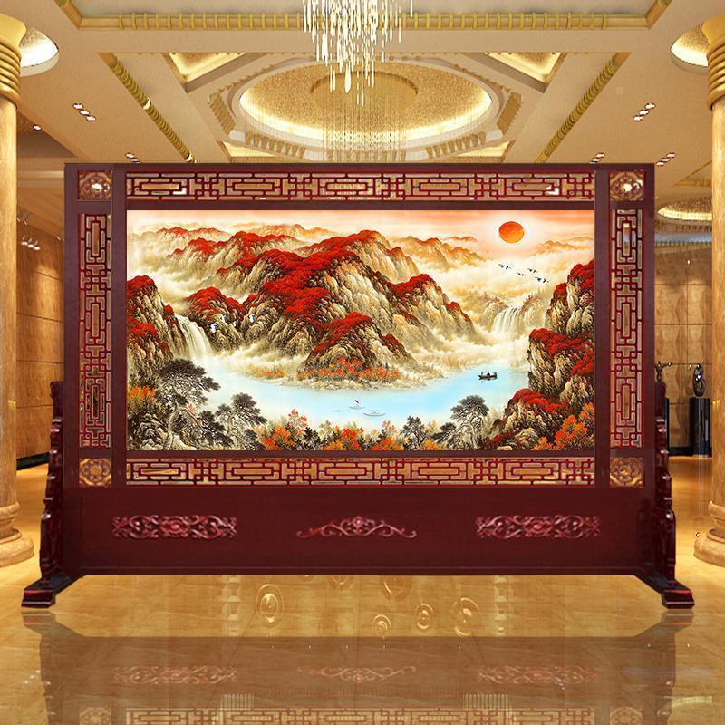 BONJEAN新中式实木办公室屏风隔断装饰玄关风水客厅酒店进双面座屏牡丹高清大图