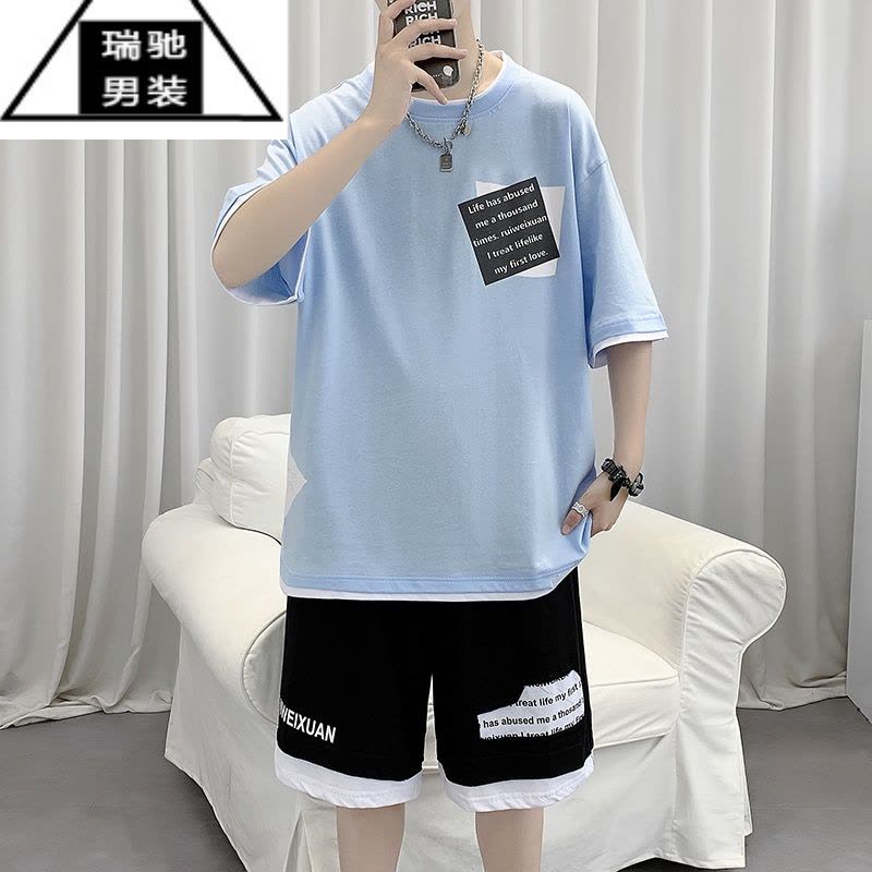 希杰狮王男装搭配一套帅气夏季潮流宽松高中生加肥加大码胖子短袖T恤套装图片