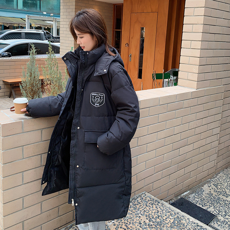 2023冬季韩剧女学生黑色棉服连帽过膝中长款羽绒棉衣加厚棉袄外套高清大图