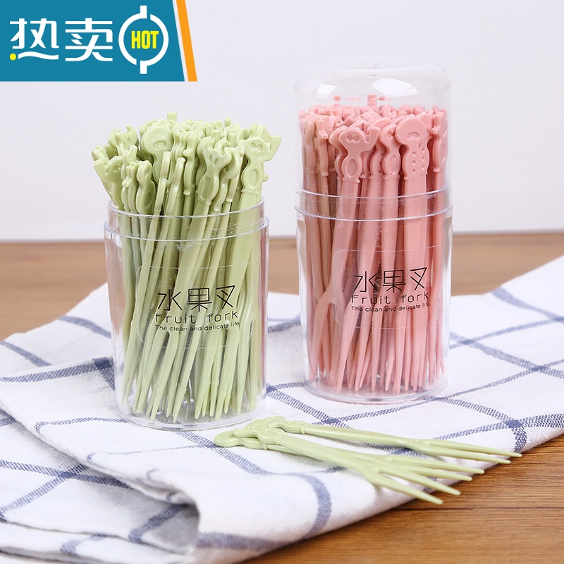 敬平50支盒装水果签塑料两齿吃水果蛋糕甜品叉点心小叉子 [2盒装]水果叉盒装绿色100支高清大图