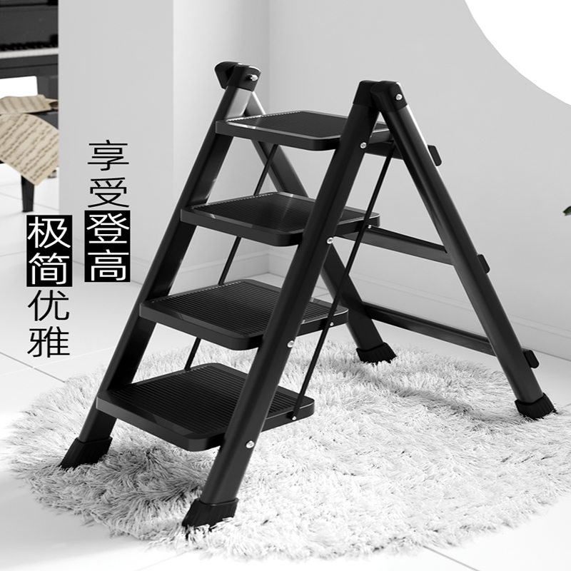 梯子家用折叠伸缩家用折叠梯子人字梯室内多功能工程梯便携置物架_五步多用梯凳中国红