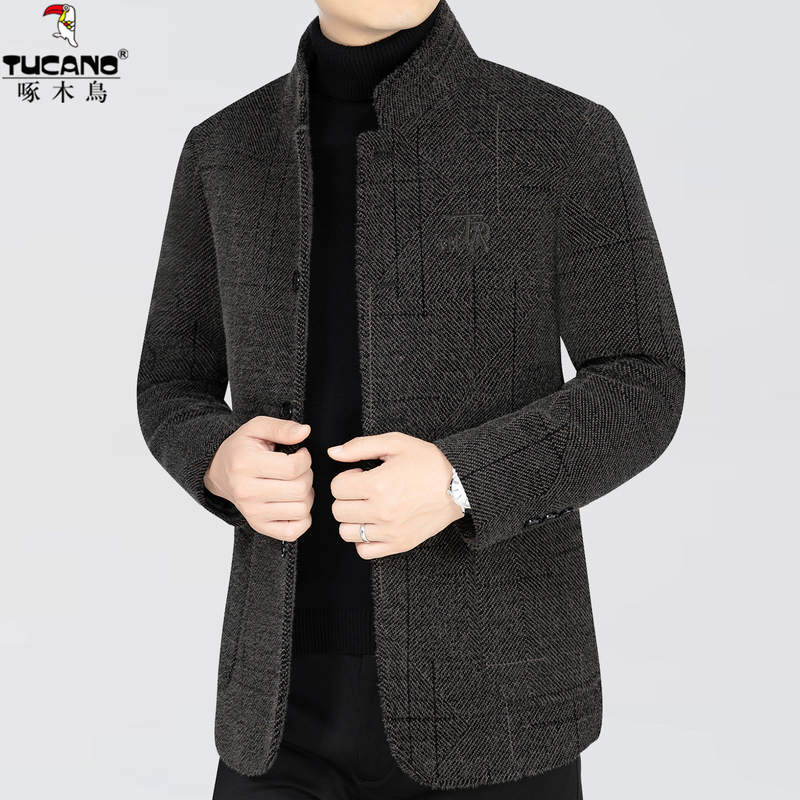 啄木鸟高端毛呢大衣男士秋冬季中年加厚外套休闲短款立领呢子夹士高清大图
