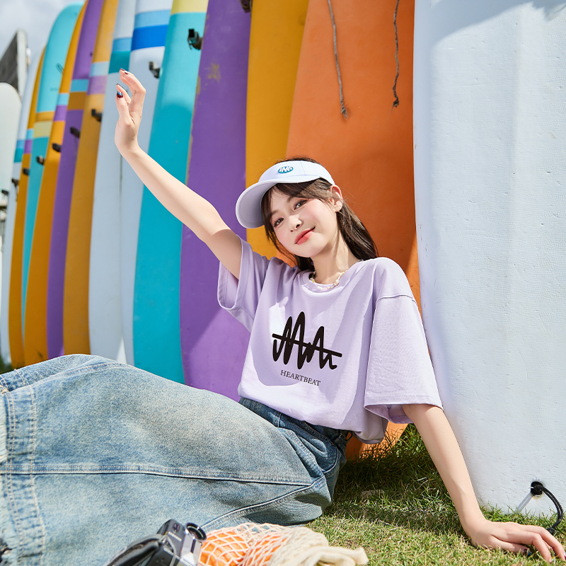 [2.5折价46元]唐狮夏季新款女短袖T恤圆领前胸线条简约时尚百搭日常休闲G