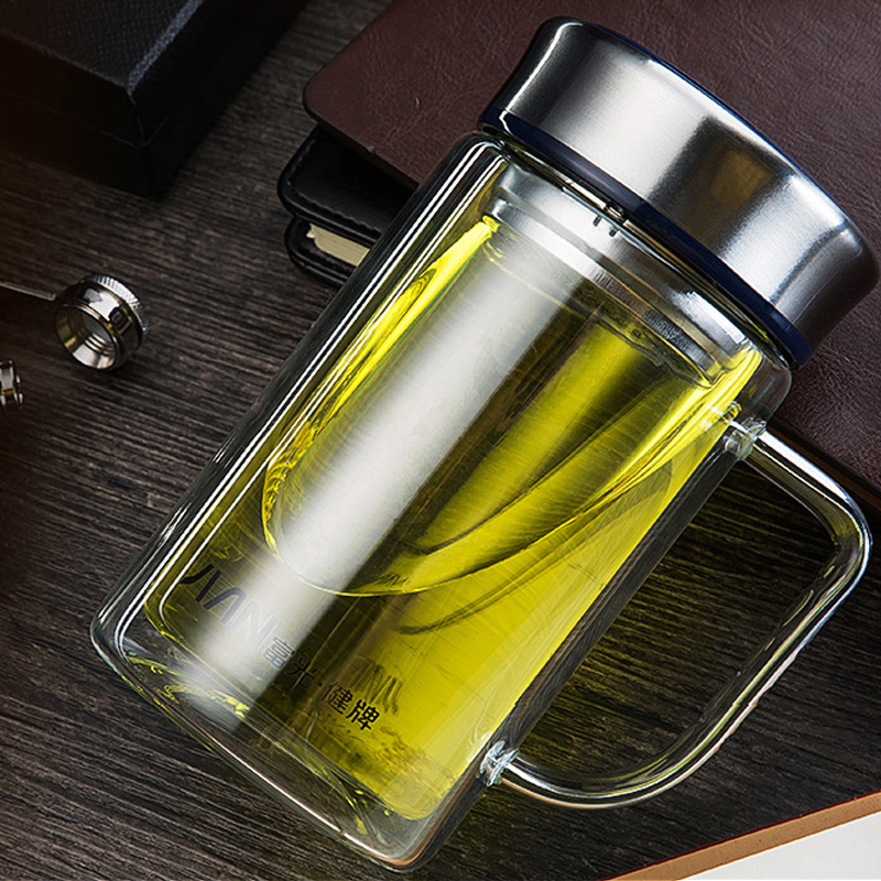 富光健牌 带把双层玻璃杯 便携水杯茶杯办公杯 带盖过滤 380ml(个)[c
