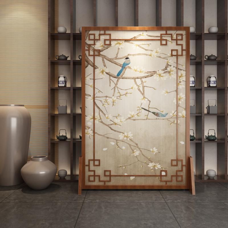 定制中式屏风客厅酒店山水镂空实木遮挡家用玄关隔断花鸟座屏 红橡木100*180高清大图