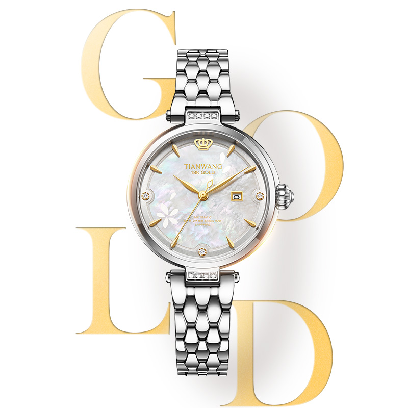 天王表金标送福18K金皇冠logo女表时尚小花瓣机械表钢带腕表51176高清大图